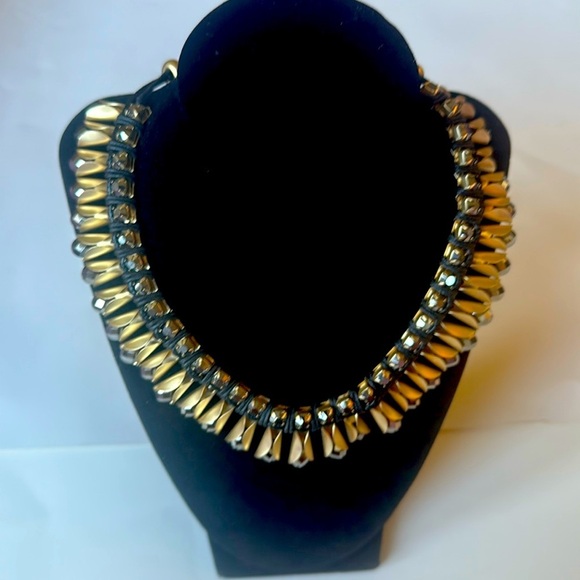 NWT Chicos Rhinestone and Leather Gold and Black statement Necklace - Picture 1 of 7